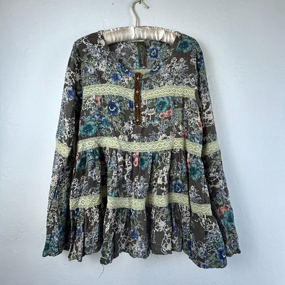 Aratta Silent Journey Floral Long Sleeve Ruffle Tiered Blouse Large Linen Cotton